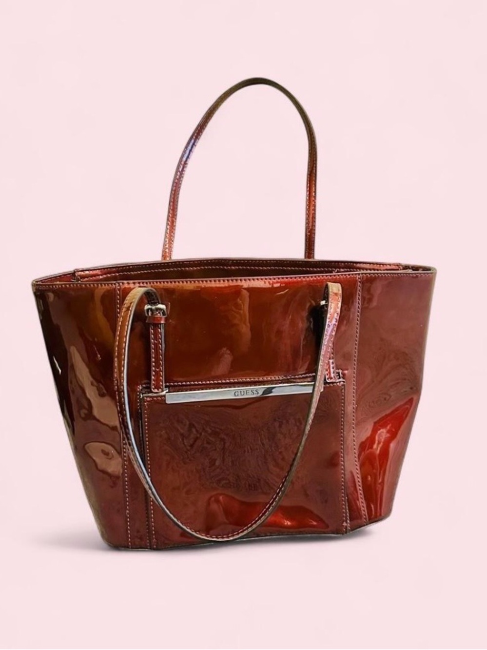 GUESS Glossy Patent Leather Tote in Cherry Red